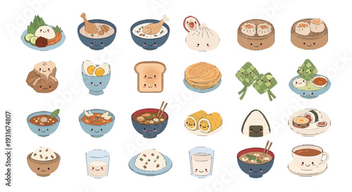 Kawaii Asian Breakfast and Street Food Vector Set, Cute Cartoon Character Illustration of Nasi Lemak, Dim Sum, Ramen, and Traditional Snacks on White Background.