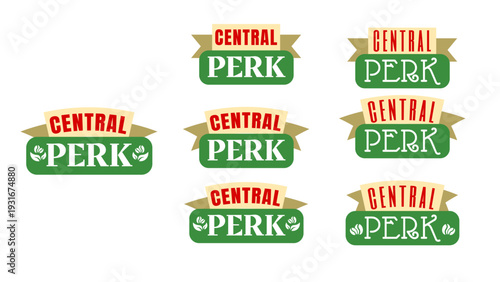A collection of Central Perk logos on a white background, featuring green, red, and white colors