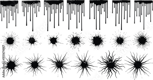 Black ink splatter and dripping paint vector set with grunge spray blobs and liquid drops for cad drawing flat vector illustration,