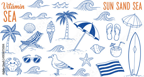 Blue line beach summer vacation icon set with palm trees surfboard seagull and waves for cad drawing flat vector illustration,