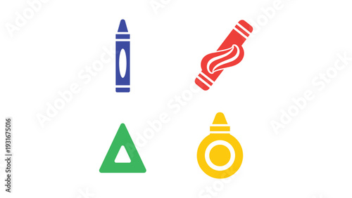 Colorful icons representing school supplies and shapes in a playful design