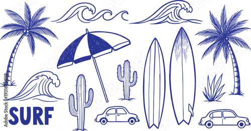 Blue line beach surf set with palm trees surfboards ocean waves cactus and vintage cars for cad drawing flat vector illustration,