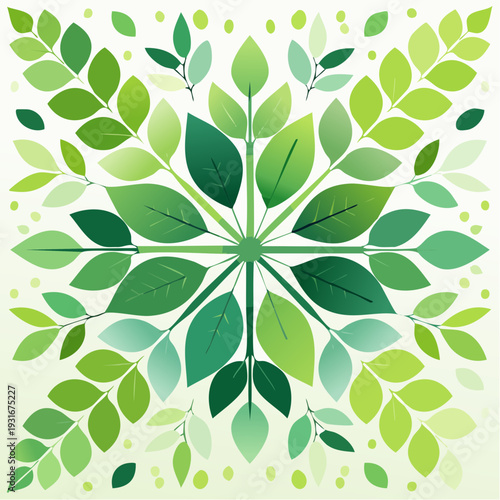 Symmetrical radial pattern of green leaves and small dots, evoking nature and growth