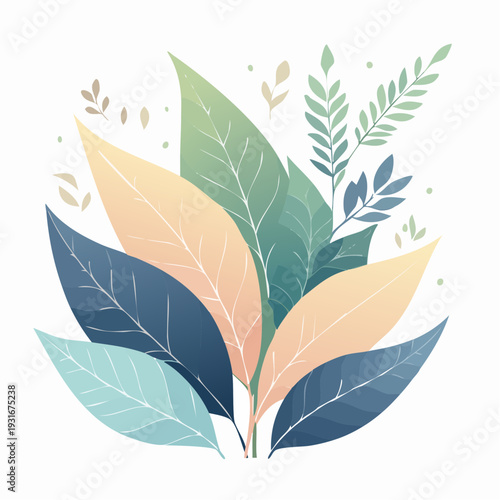 Abstract collection of pastel colored botanical leaves in a flat design illustration, depicting nature's gentle beauty