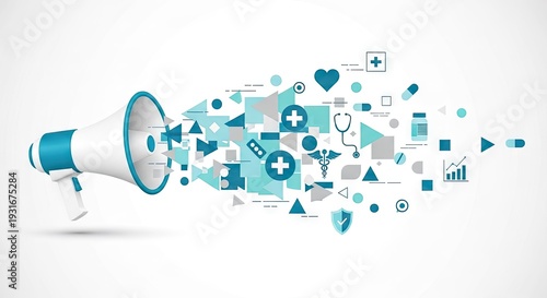 Medical megaphone healthcare announcement with symbolic visuals and healthcare elements