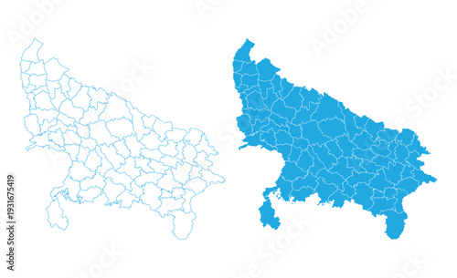 Detailed blue Uttar Pradesh map set including district boundaries and solid blue silhouette for informational use