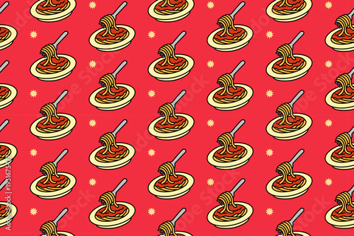 Spaghetti plate with star colorful seamless pattern on red background set for restaurant. Pasta with tomato sauce cartoon pattern background for. Italian spaghetti doodle isolated illustration motif
