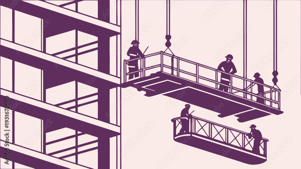 Obraz premium Construction workers on suspended platforms performing building maintenance.