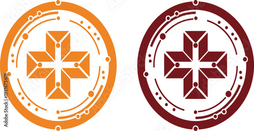 Medical Technology Cross Logo Set with Abstract Digital Health Plus Symbol in Circle Frame for Healthcare Innovation Branding Design.