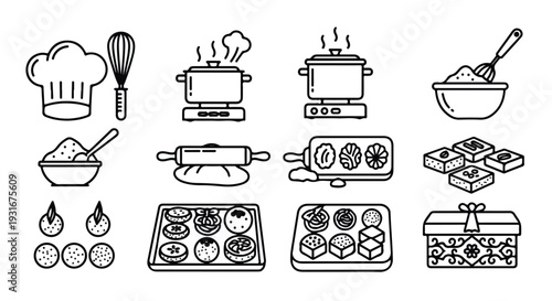 A flat lay illustration of various kitchen utensils and food items in a simple line drawing style against a clean white background.
