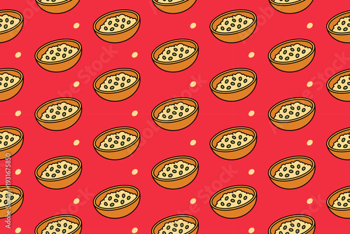 Steamed rice with dotted colorful seamless pattern on red background set for foods. Grain cereal bowl cartoon pattern background for restaurant. Asian rice dish doodle isolated illustration motif