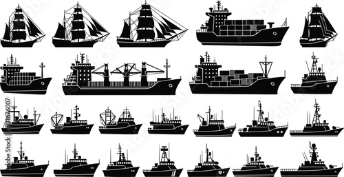 Collection of cargo ships sailing vessels and fishing boats silhouettes, maritime transport fleet black vector illustration isolated on white background
