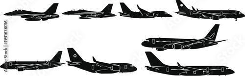 Military fighter jets and passenger airplanes silhouettes set, aviation aircraft transport collection black vector illustration isolated on white background