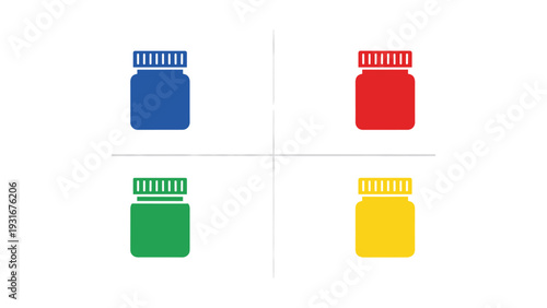 Four colored containers with lids arranged in a two-by-two grid pattern
