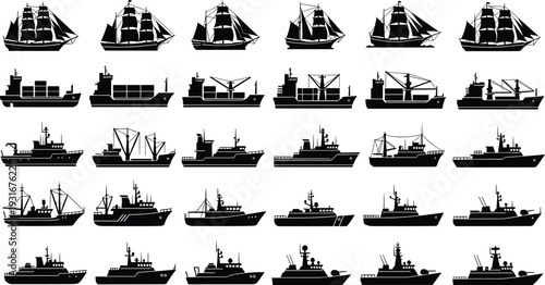 Sailing ships cargo vessels and fishing boats silhouettes set, maritime transport fleet black vector illustration isolated on white background