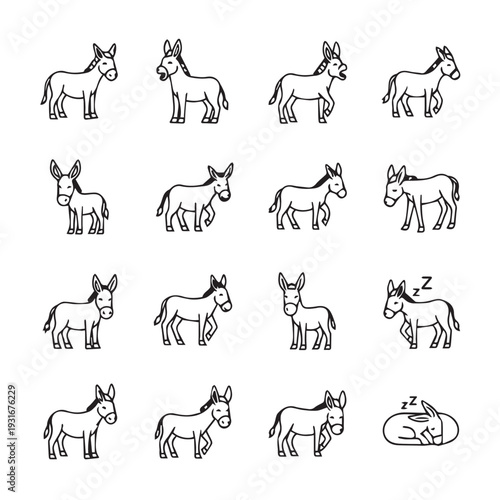 Various Donkey Poses and Actions in Simple Line Art Style