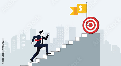 Businessman climbing stairs to reach target and achieve success in cityscape