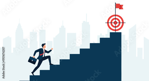 Businessman climbing stairs to reach target goal in cityscape