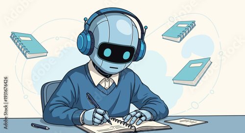 A robot sitting at a desk with mobile phones floating around it