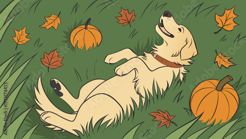 Happy Dog Rolling in Autumn Grass with Pumpkins and Leaves.