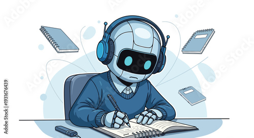 A robot sitting at a desk with headphones on and papers scattered around