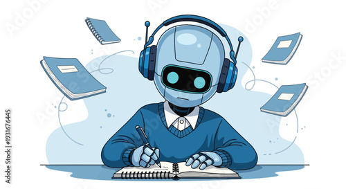 A robot wearing headphones sits at a desk with multiple devices