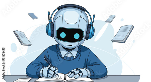 A robot wearing headphones and glasses sits at a desk with papers flying around