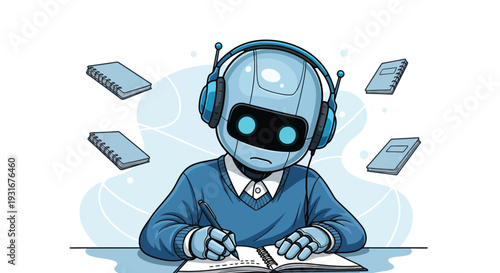 A robot wearing headphones and working on computer with multiple documents flying around