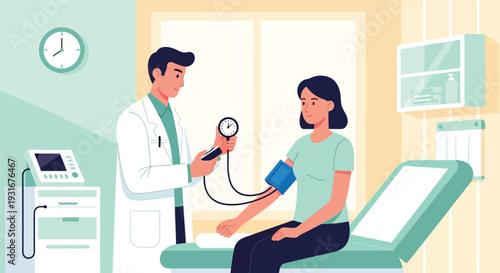A doctor is taking blood pressure of a female patient in a medical room