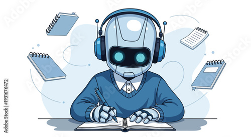 A robot sitting at a desk with headphones on and papers around