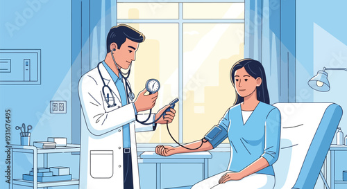 Doctor examining a patient in a hospital room with medical equipment