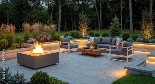 Outdoor lounge area with illuminated fire pit and comfortable seating arrangement