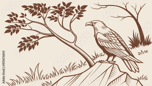 Majestic Eagle Perched on Rock with Trees in a Serene Landscape.