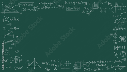 Green chalkboard background with mathematical formulas framing empty center space for school and educational presentations