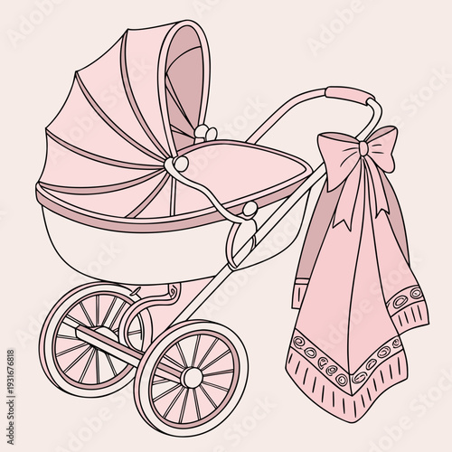 Pink Baby Stroller with Blanket Illustration.