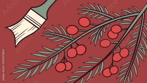 Paintbrush and Holly Berries Illustration.