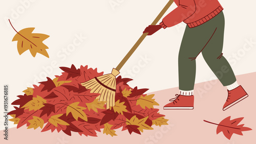 Person Raking Autumn Leaves in a Pile.