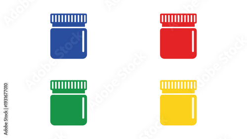 Four differently colored bottles with caps and labels shown in a grid layout