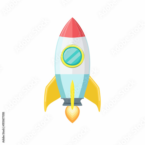 Cartoon rocket ship launching into space with a trail of fire and smoke, illustrating exploration and adventure