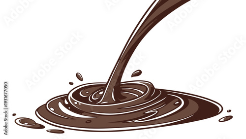 Rich chocolate sauce pouring creating a delicious puddle with splashes.
