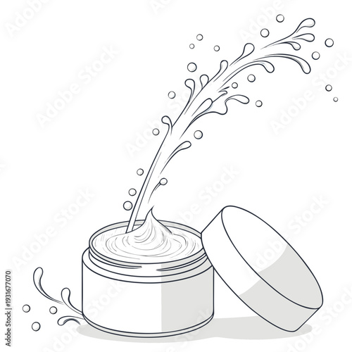 Skincare cream jar with a refreshing splash of water and leaves line art illustration.