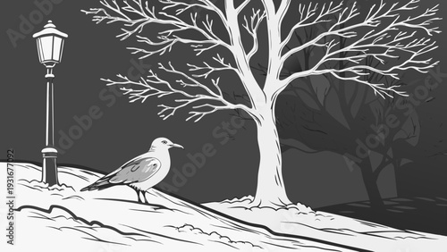 Seagull in a Winter Landscape with a Lamppost and Bare Tree.