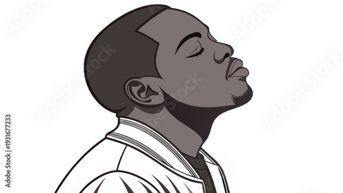 Stylized portrait of a young man with a modern haircut looking upwards.