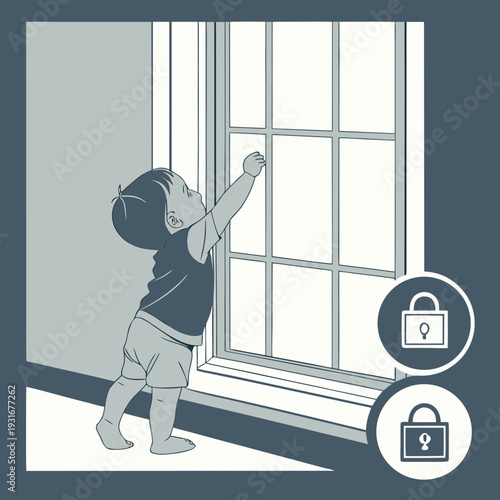 Toddler Reaching for Window with Safety Lock Icons.