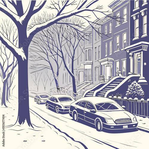 Winter street scene with parked cars and snowcovered trees in a city neighborhood.