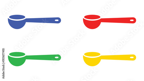Four colorfully designed measuring spoons displayed in a grid layout