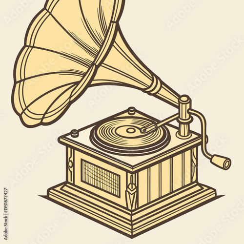 Vintage Gramophone Playing Music Illustration.