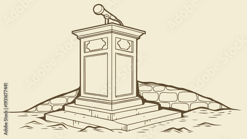 Vintage Style Podium with Microphone on Stone Base.