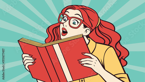 Pop art woman with red hair and glasses reading a book with surprise