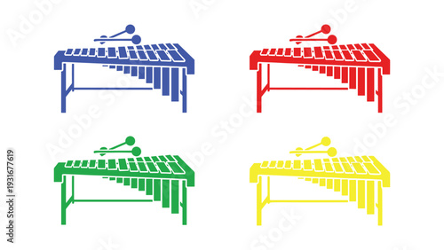 Colorful marimba instruments displayed in four different vibrant hues